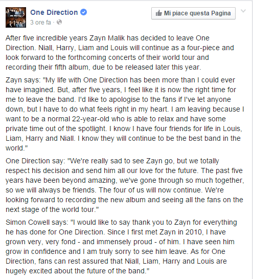 Il messaggio con cui i One  Direction hanno annunciato l'abbandono di Zayn Malik