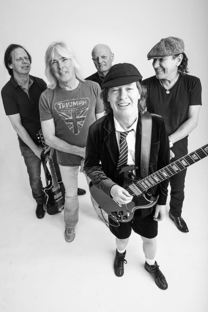 ACDC Ph. Left To Right Stevie Young Cliff Williams Chris Slade Angus Young Brian Johnson 1