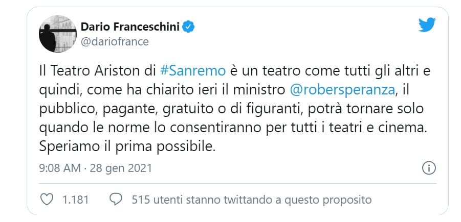 Dario Franceschini tweet SAnremo