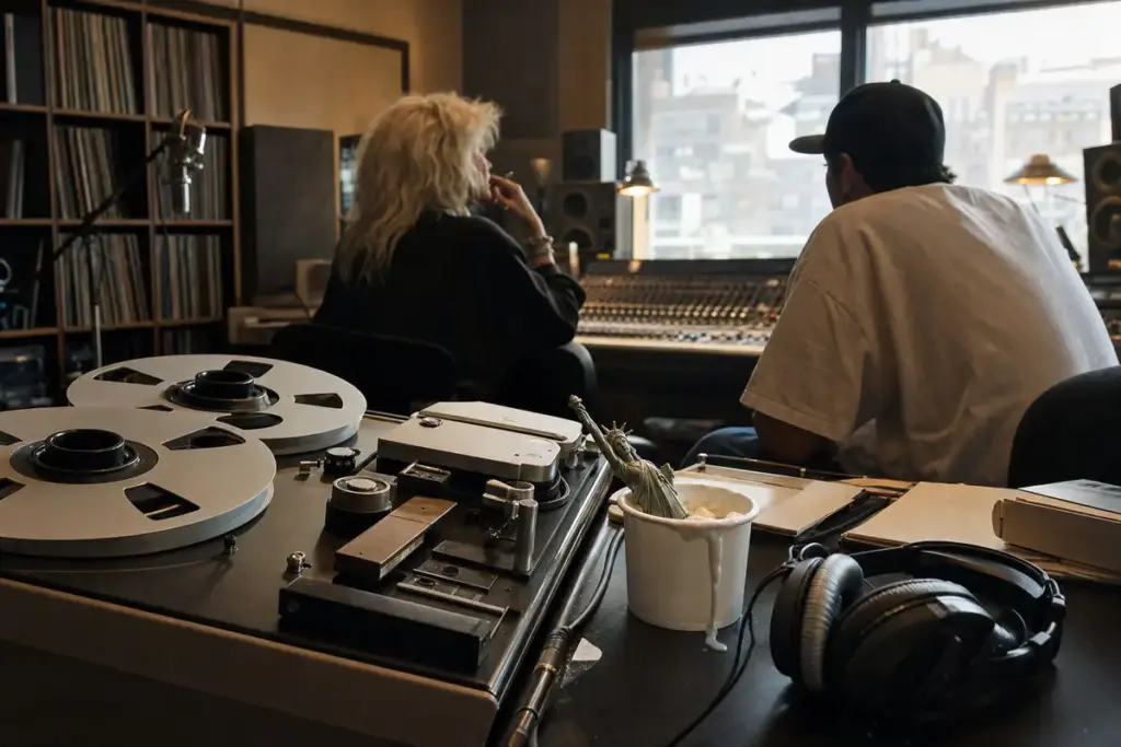 Registratore a bobine in studio con gelato che cola e mini Statua della Libertà, due musicisti sfocati al mixer