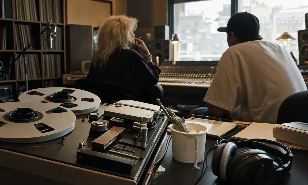 Registratore a bobine in studio con gelato che cola e mini Statua della Libertà, due musicisti sfocati al mixer