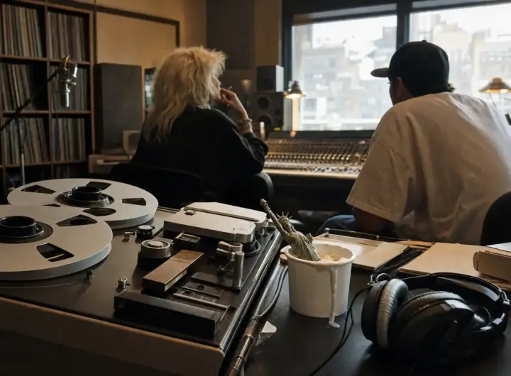 Registratore a bobine in studio con gelato che cola e mini Statua della Libertà, due musicisti sfocati al mixer