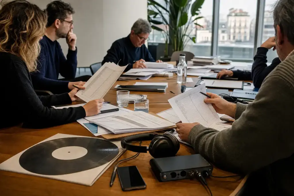 Professionisti riuniti attorno a un tavolo con documenti finanziari, cuffie, vinile e interfaccia audio in ufficio
