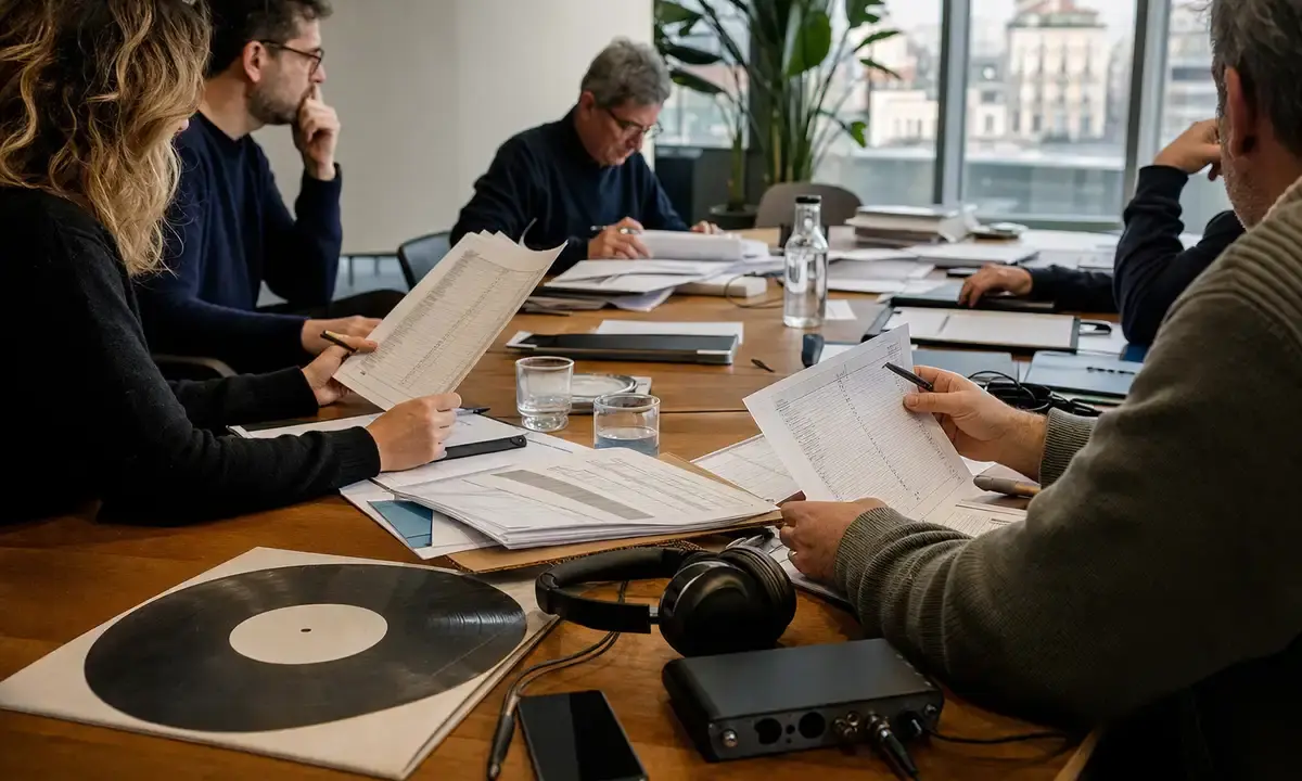 Professionisti riuniti attorno a un tavolo con documenti finanziari, cuffie, vinile e interfaccia audio in ufficio