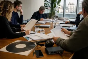 Professionisti riuniti attorno a un tavolo con documenti finanziari, cuffie, vinile e interfaccia audio in ufficio