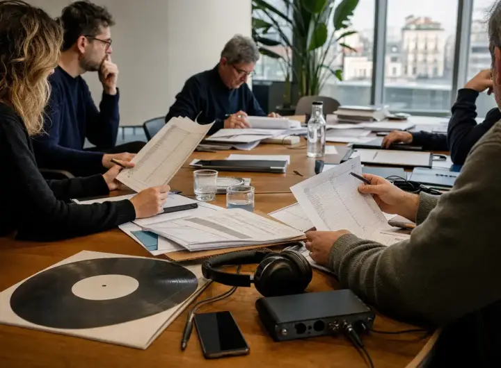 Professionisti riuniti attorno a un tavolo con documenti finanziari, cuffie, vinile e interfaccia audio in ufficio