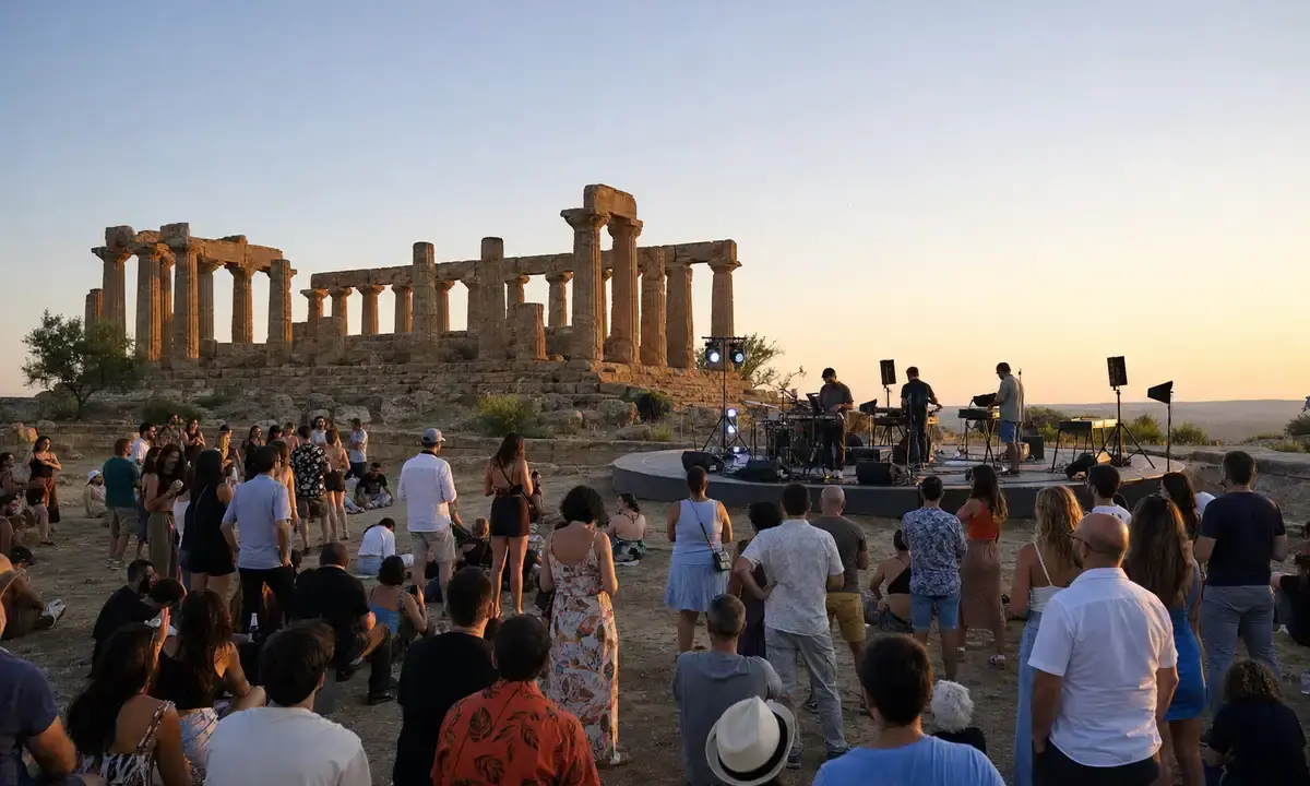 Pubblico a un concerto al tramonto davanti a un tempio antico, con palco circolare e luci sul sito archeologico