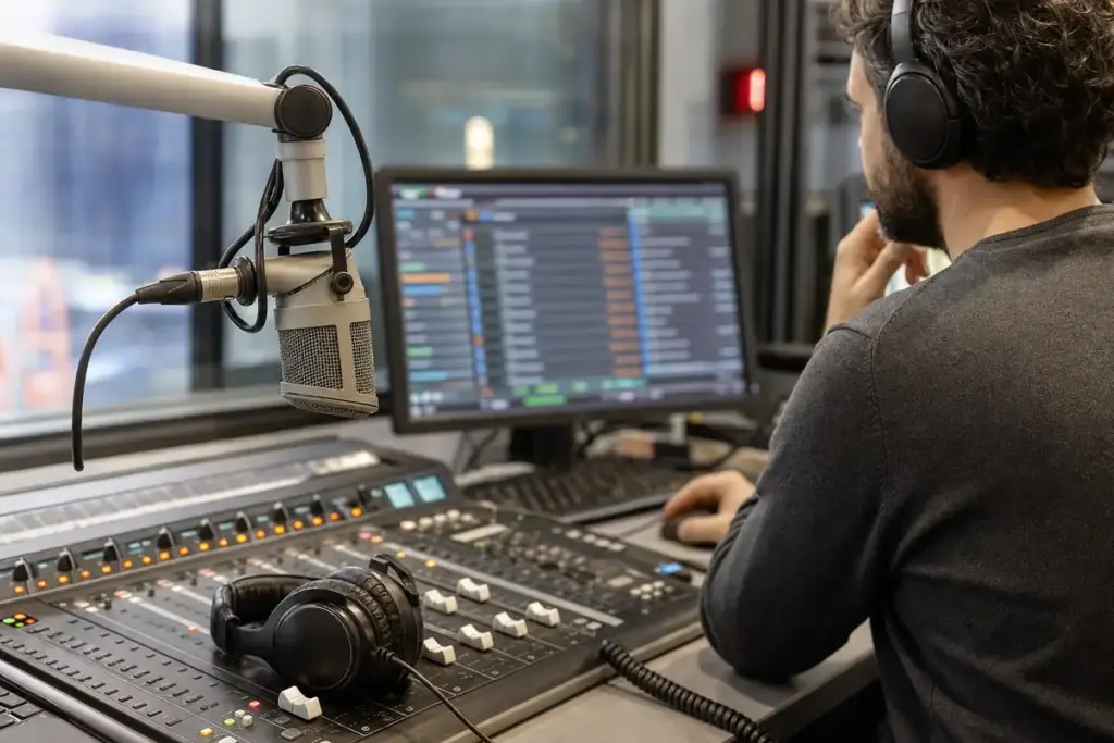 Microfono in studio radio con mixer e cuffie, mentre un tecnico controlla una schermata di programmazione musicale