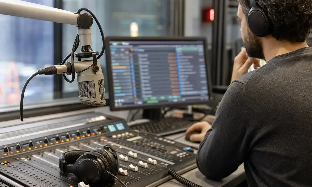 Microfono in studio radio con mixer e cuffie, mentre un tecnico controlla una schermata di programmazione musicale