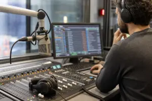 Microfono in studio radio con mixer e cuffie, mentre un tecnico controlla una schermata di programmazione musicale