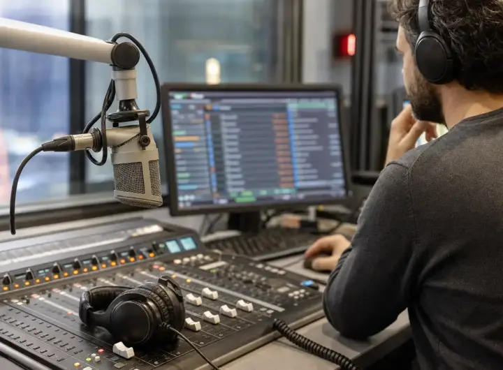 Microfono in studio radio con mixer e cuffie, mentre un tecnico controlla una schermata di programmazione musicale